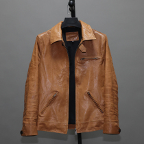 Light and thin soft brown nestled with tannic head layer sheep genuine leather clothing male body short-turned-collar jacket casual jacket Xue