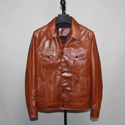 Re-wash batik thin soft head layer horse leather leather leather clothing men slim short retro casual denim men's coat Chen