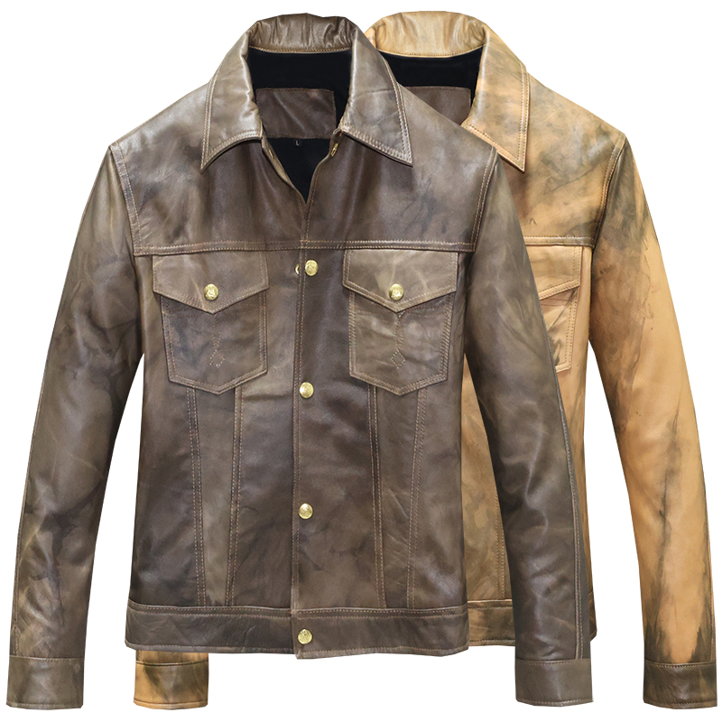 Handcrafted Color Head Layer Sheep Genuine Leather Leather Male sashimi Short-turned-collar denim jacket Locomotive Jacket Tide 507