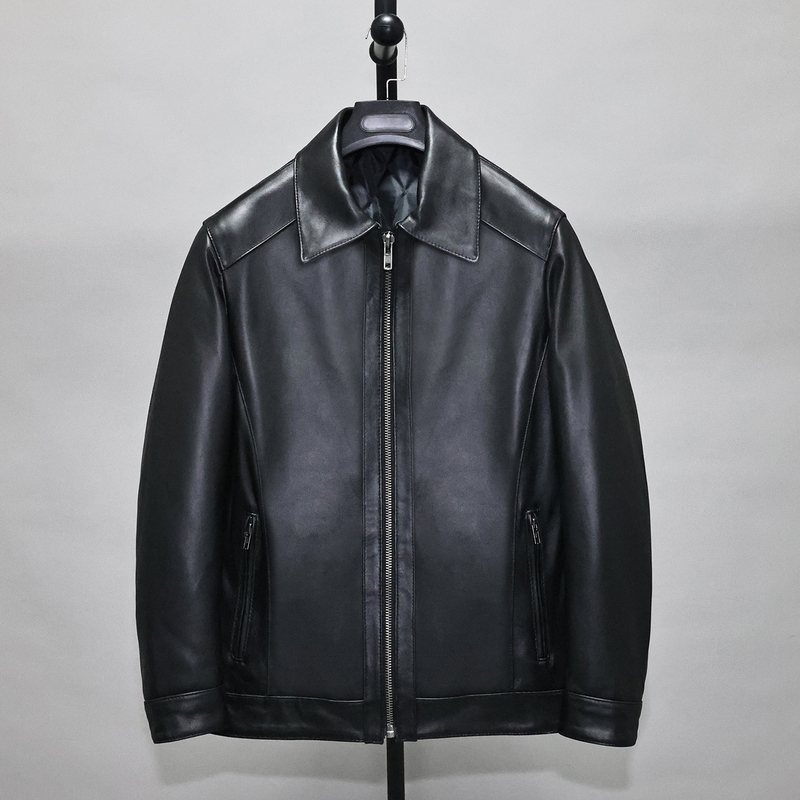 Soft First-Layer Sheepskin Leather Jacket for Men, Extended Length, Turn-Down Collar, Casual, Simple, Business-Style, Nylon Jacket