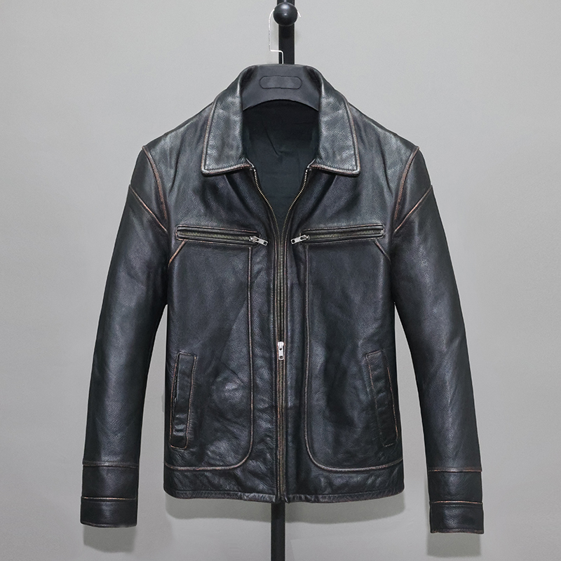 Hand-painted first layer cowhide leather leather jacket men's slim short retro casual lapel jacket Z1 black brown