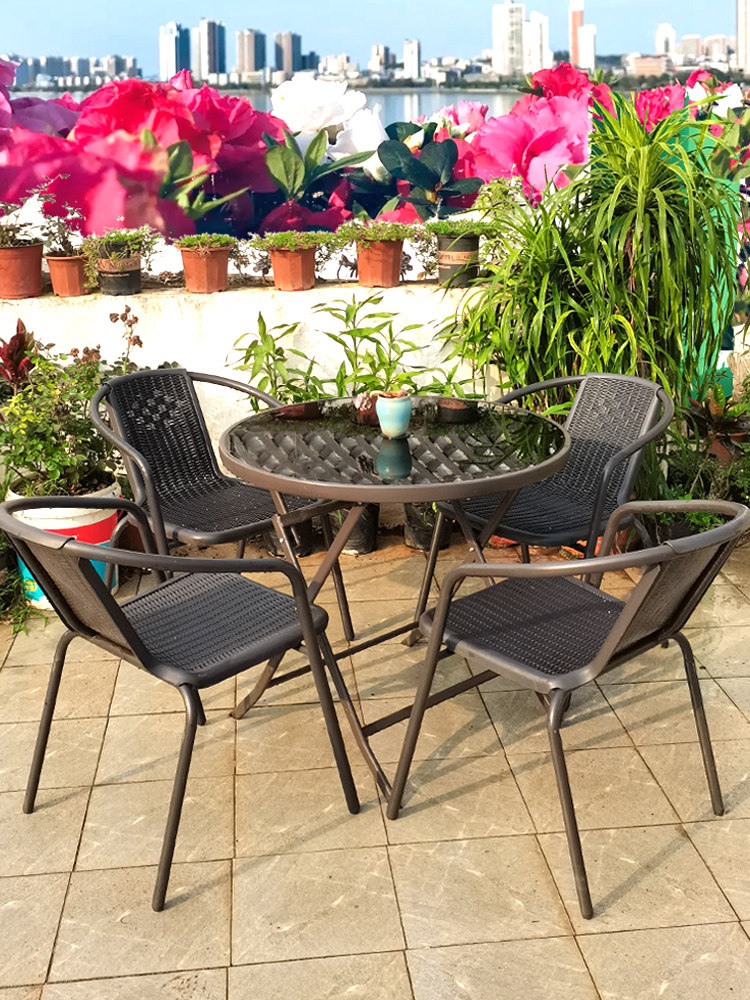 Rattan chair Three sets of iron art Balcony Leisure open air hem Coffee Outswing Outdoor Courtyard Outdoor and table umbrella Composition