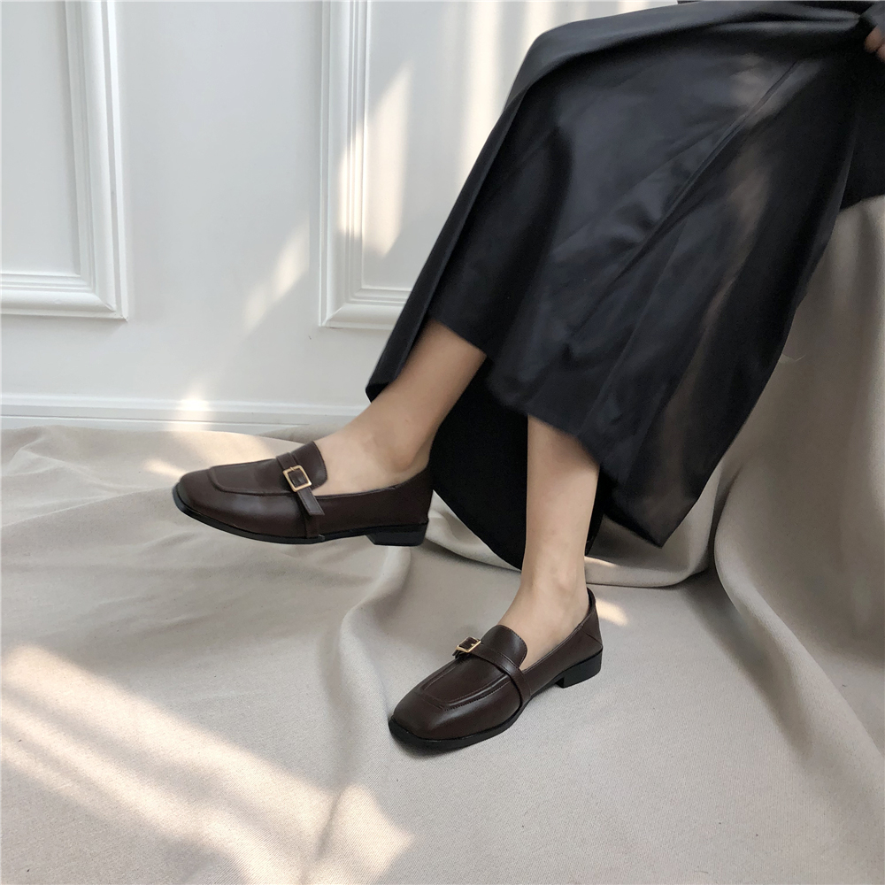 Chic Hàn Quốc phong cách retro Anh vuông đầu dây kim loại khóa ngắn với gốc gỗ giày thấp mùa thu giày nữ cashmere giày đi học nữ