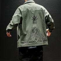 Spring and autumn maple leaf print tooling jacket mens tide card fat fat plus size loose denim jacket mens trend