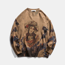 Tide brand autumn Chinese style printing and dyeing pullover sweater men loose retro National Tide Street couple neutral style sweater