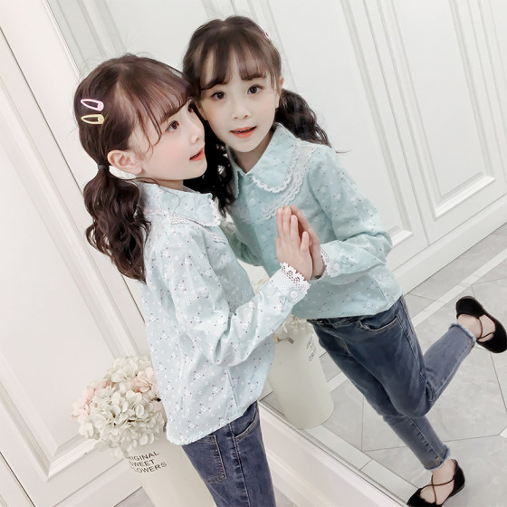 Girls' shirts, spring and autumn long-sleeved little girls' fashionable children's lace cotton tops Korean style fashionable white shirts