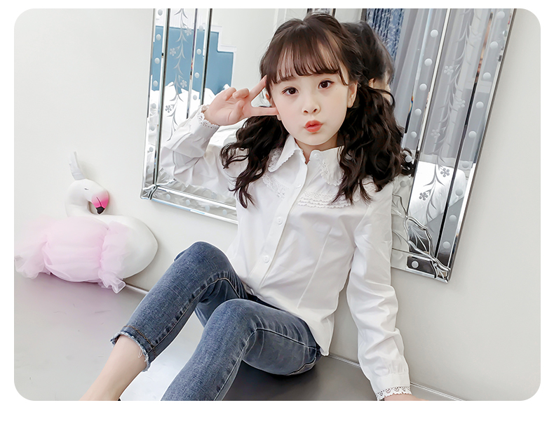 Áo sơ mi nữ mùa xuân 2019 cho bé phiên bản nước ngoài Hàn Quốc của áo sơ mi cotton nguyên chất bên hông bé gái mùa xuân và mùa thu - Áo sơ mi áo sơ mi bé trai size đại