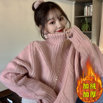 Turtleneck sweater women loose wear autumn and winter 2021 new explosive lazy plus velvet thick base shirt foreign atmosphere