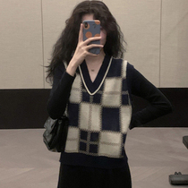 Plaid knitwear Vest Women spring and autumn winter 2021 New V-neck sweater vest sleeveless waistcoat
