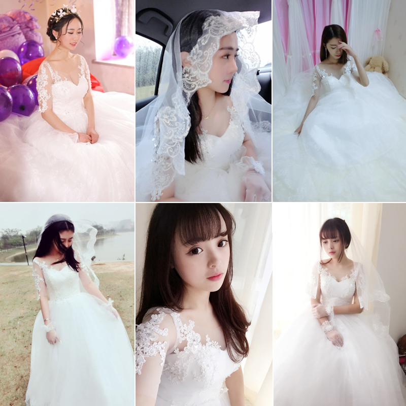 2019 new main wedding dress bride married Qi Korean shoulders sleeves lace v neck was thin and simple female