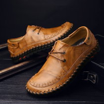 Spring genuine leather male style lacing casual leather shoes male non-slip Inn wind 100 lap mens shoes Bull Leather Sloth driving tide