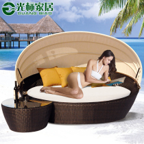 Outdoor rattan-made round bed swimming pool Lying Bed Couch With Puffy Chair Waterproof Sunscreen Open-air Balcony Casual Rattan Deckchair