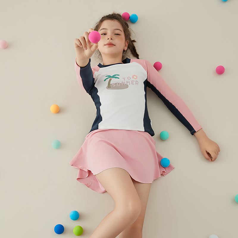 CUHK Tong Swimsuit Long Sleeve Sunscreen Girl Split Skirt Style 2024 New 10 Year Old Ocean Gas Girl Fashion Bubble Spa