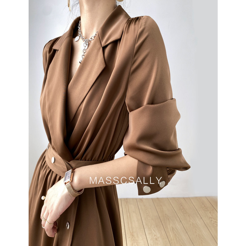 Spring new design sense suit dress women's long-sleeved French high-end temperament high-end acetate satin skirt