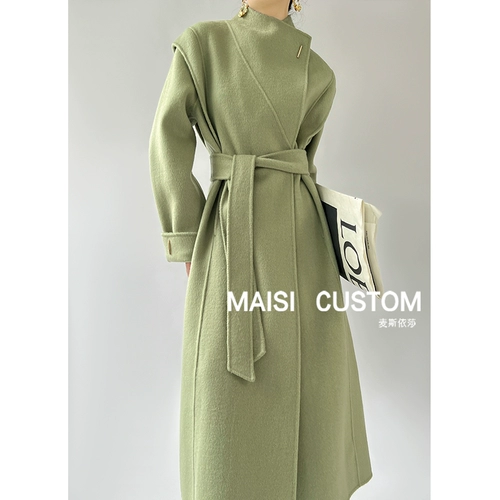 Зеленое двусторонное кашемировое демисезонное длинное шерстяное шерстяное пальто, изысканный стиль, городской стиль