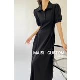 Черное летнее платье для отдыха, приталенный корсет, дизайнерская длинная юбка, воротник поло, тренд сезона