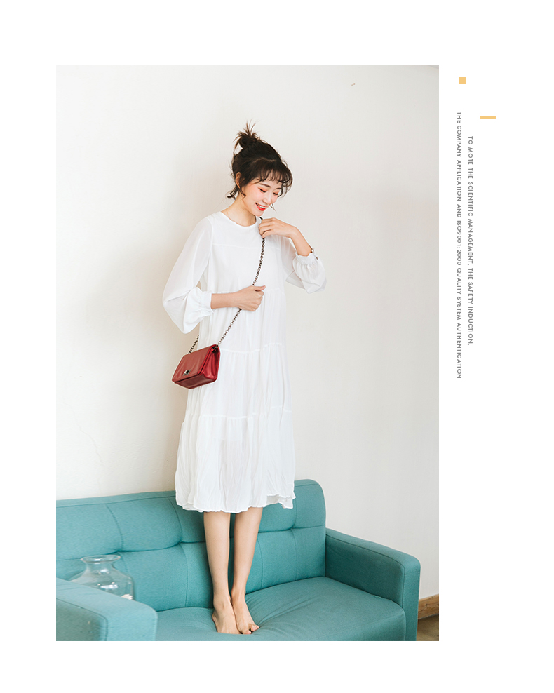 Đầm trắng tay dài xuân hè 2019 phiên bản mới của Hàn Quốc có cạp cao dài lệch thân váy tươi nhỏ - Váy eo cao mẫu váy khoét eo	