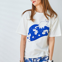 (Lucky local cat) Rumomo original blue print Meow cotton cat T-shirt loose and cute like Mo home round neck