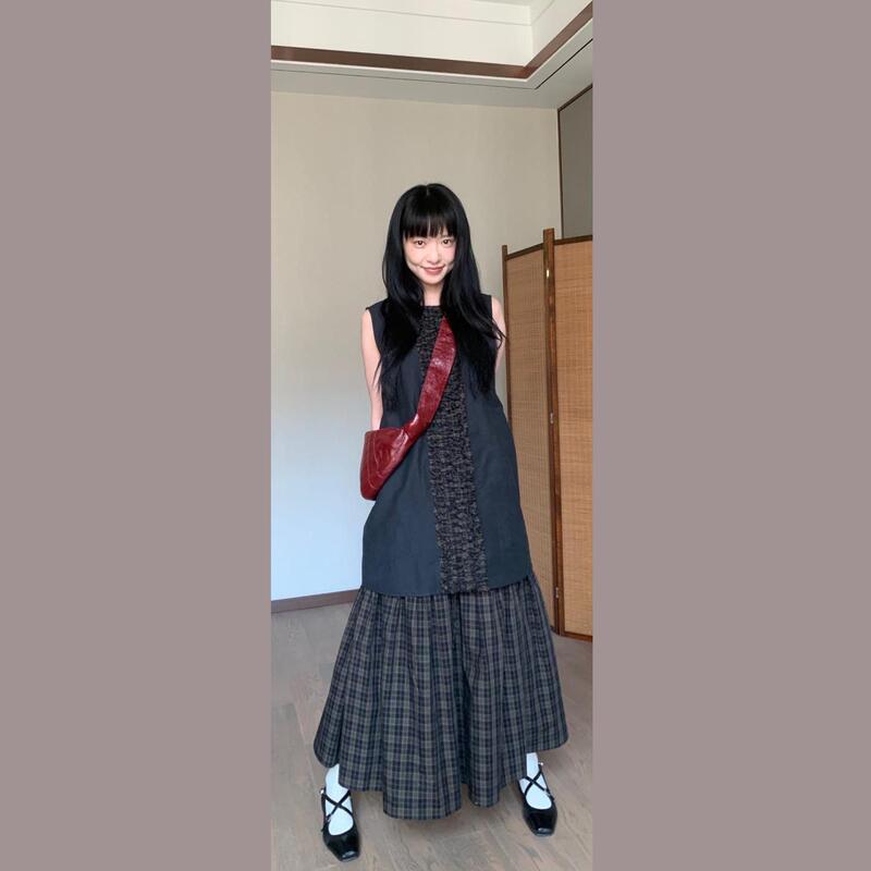 In Stock "Chestnut Mont Blanc" Early Autumn Japanese-Style Design Plaid Petal Vest Dress with Elastic Waist