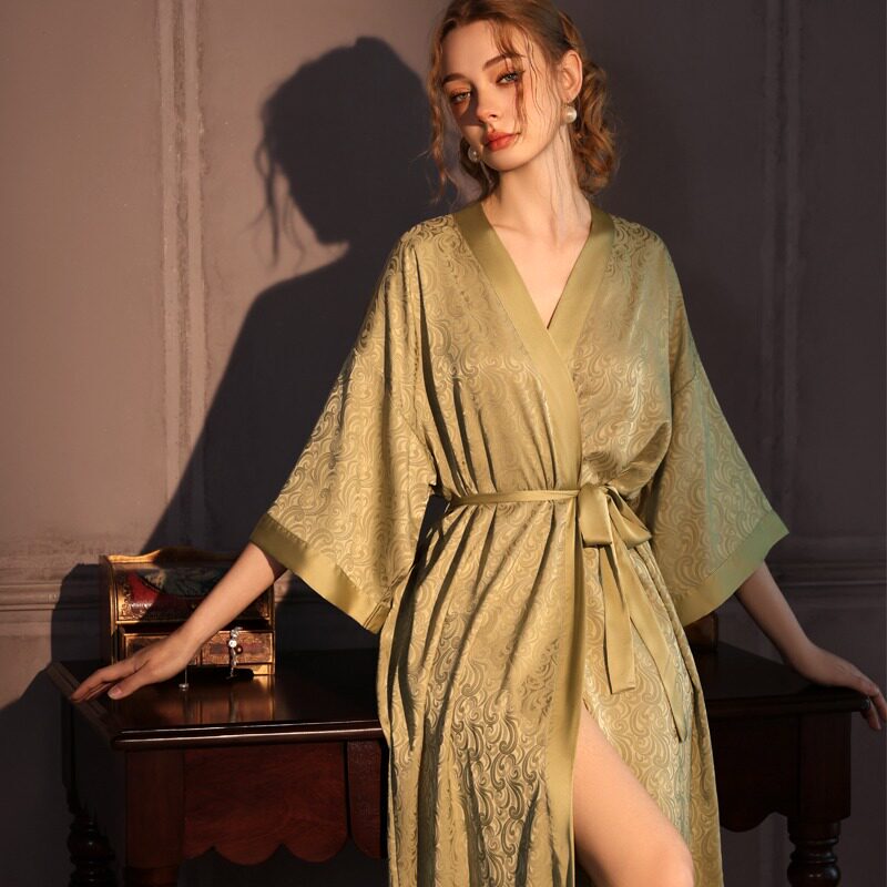 Ice Silk Nightgown for Women, High-End Jacquard Summer Sexy Satin Bathrobe, Silk Robe, Long Large Size Home Wear