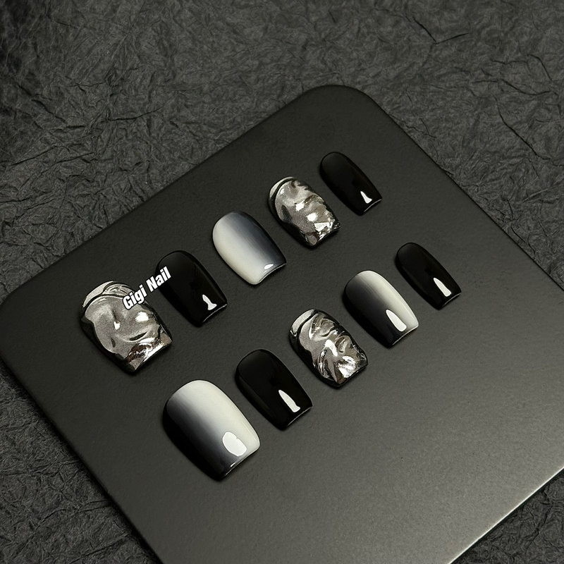 Gigi Nail She Dark Tone Metal Short Nails Whitening New Gradient Gray Handmade Manicure Sexy Wearable Nails