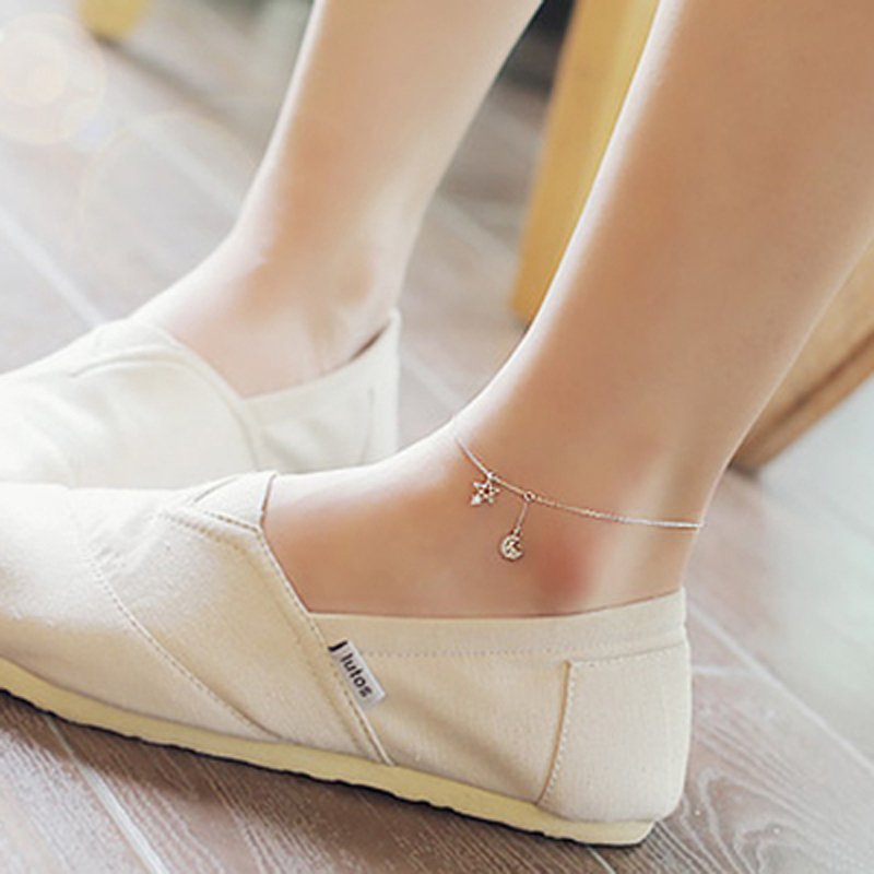 Cô gái phong cách Nhật Bản và Hàn Quốc trang sức đơn giản linh hoạt 925 sterling bạc sao trăng vòng tua cá tính retro chân mỏng - Vòng chân vòng đeo chân nữ