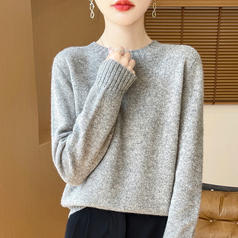 Lazy Style Round Neck Pure Wool Sweater for Women, Loose and Versatile Long-Sleeved Knitted Sweater, Gray Sweater Lazy Style Round Neck Pure Wool Sweater for Women, Loose and Versatile Long-Sleeved Knitted Sweater, Gray Sweater