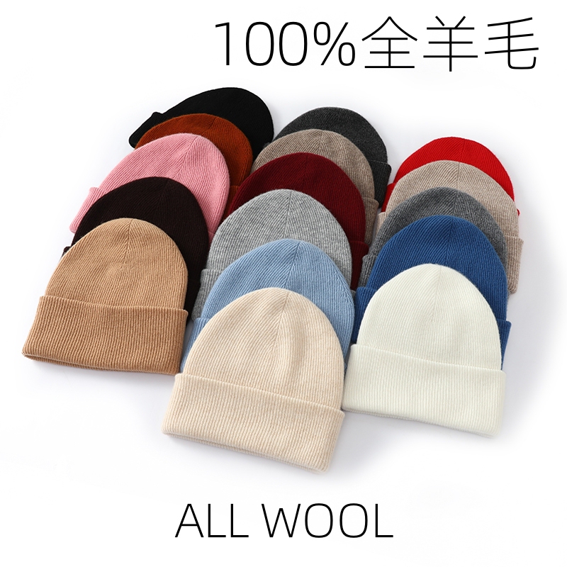 Double-Layer Thickened Warm Knitted Solid Color Winter Hat for Men and Women, 100% Wool Large Head Circumference Hat for Women, Makes Face Look Smaller in Autumn and Winter