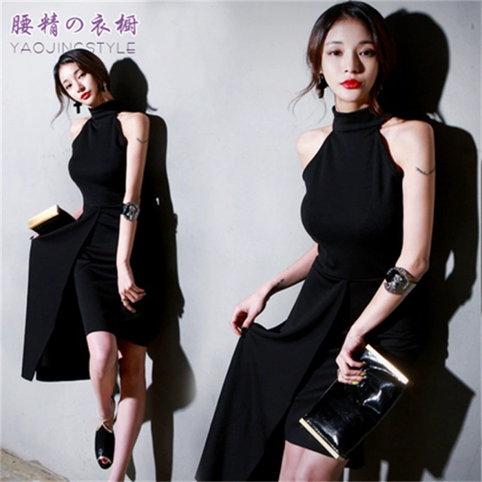 Dressmaker váy nữ thần đen Hàn Quốc cao eo bất thường phụ nữ không tay đầm khí chất quý phái - Váy eo cao