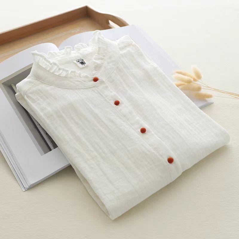 Pure Cotton Stand-Up Collar Ruffled Artistic Shirt, Forest Style, Spring and Autumn Long-Sleeve Solid Color Base Layer, Versatile, Age-Reducing, Layered Shirt for Women