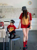 Male and female American vintage Coloured red round collar short sleeves T-shirt male baby black workout pants shorts Two pieces 5