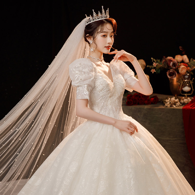 Французское легкое свадебное платье 2025 года из основной пряжи new bride - роскошное и тонкое, с длинными пышными рукавами-палас