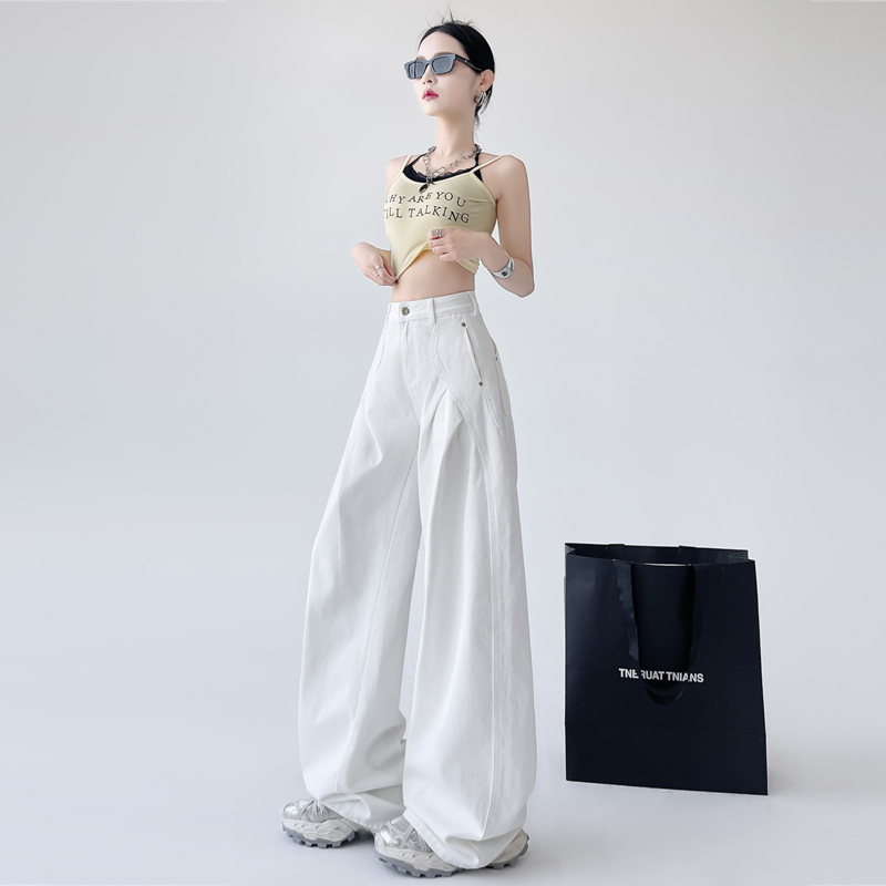Wrinkled Splicing White Wide-Leg Scimitar Jeans for Women 2025 Spring and Summer New High-Waisted Loose Slimming Look Pants