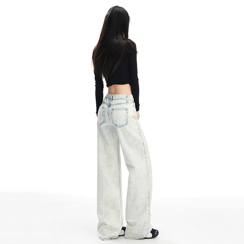 Retro Washed Light Blue and White Straight-Leg Jeans for Women 2025 Spring & Fall New Style Versatile Low-Waist Slimming Wide-Leg Pants