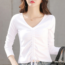 White Long Sleeve T-shirt Woman 2022 New Early Autumn Round Collar Black Draw Rope Loose Body Shirt Blouse Surge