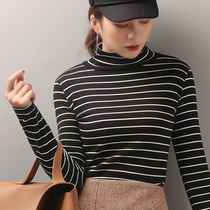 High collar striped t-shirt womens long-sleeved 2020 autumn and winter new slim cotton thickened base shirt Korean version t-shirt