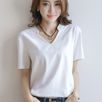 t-shirt woman 2022 summer fit new white V collar short sleeve undershirt loose casual blouse Korean version cotton plastin shirt