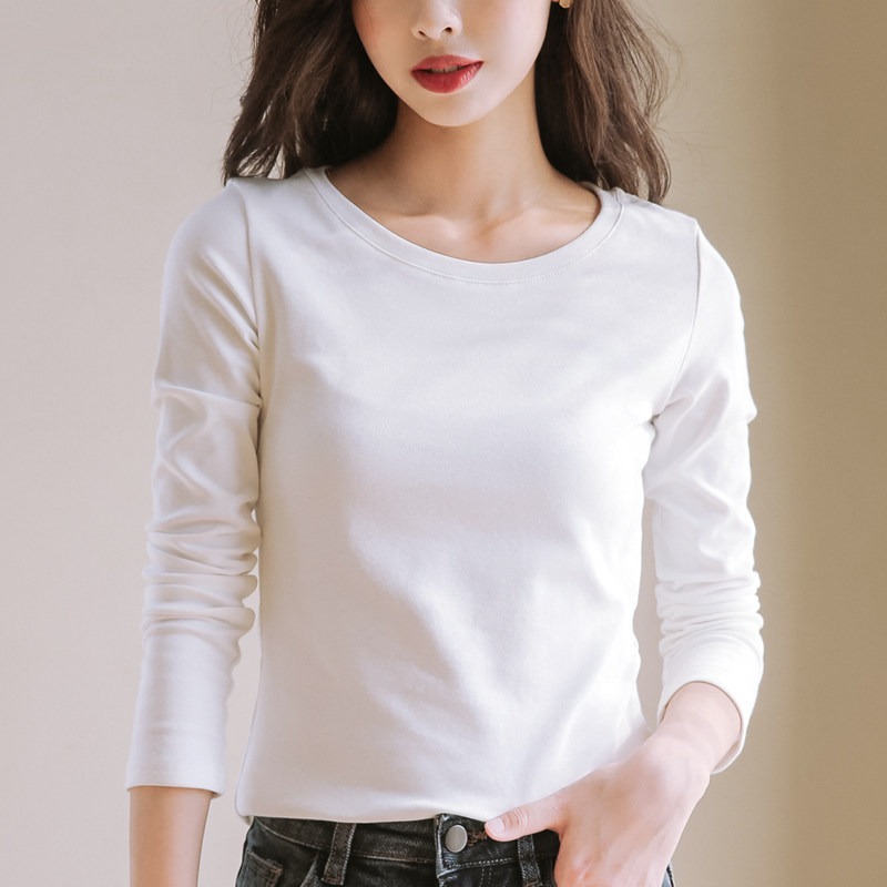 2020 new spring and autumn round neck long sleeve T-shirt women's white base shirt women's Korean slim fit solid color top