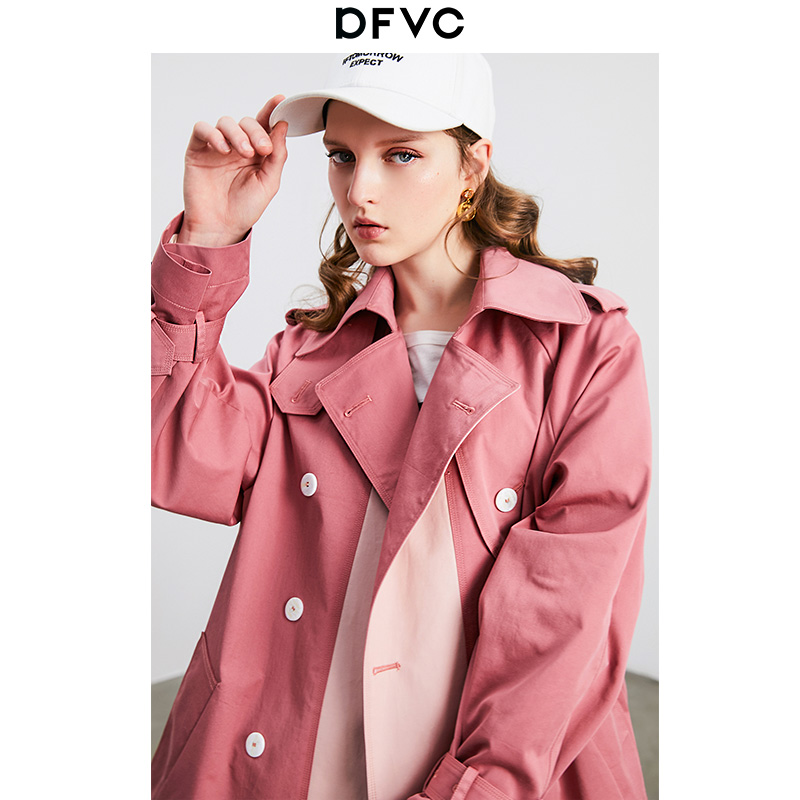 dfvc 2020 mùa xuân mới thường hồng loose-fitting đúp nút edicom áo khí giữa chiều dài của phụ nữ so với đầu gối mỏng