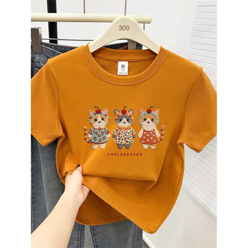 Cat Print Summer Fashion Stylish Plus Size Regular Shoulder Short Sleeve T-Shirt Women's Clothing for Plus Size Women Round Neck Slimming Half-Sleeve Top