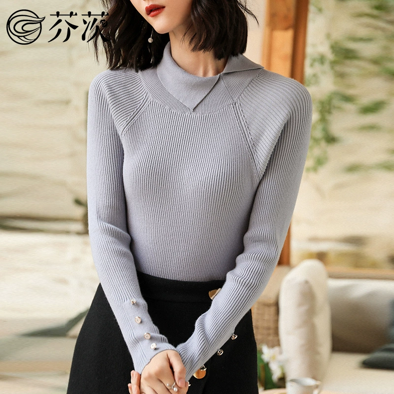 Mùa xuân 2020 áo len mới của phụ nữ Phiên bản Hàn Quốc của áo thun cổ cao bán nguyệt cổ áo mỏng cổ áo dệt kim dài tay - Áo / áo thun