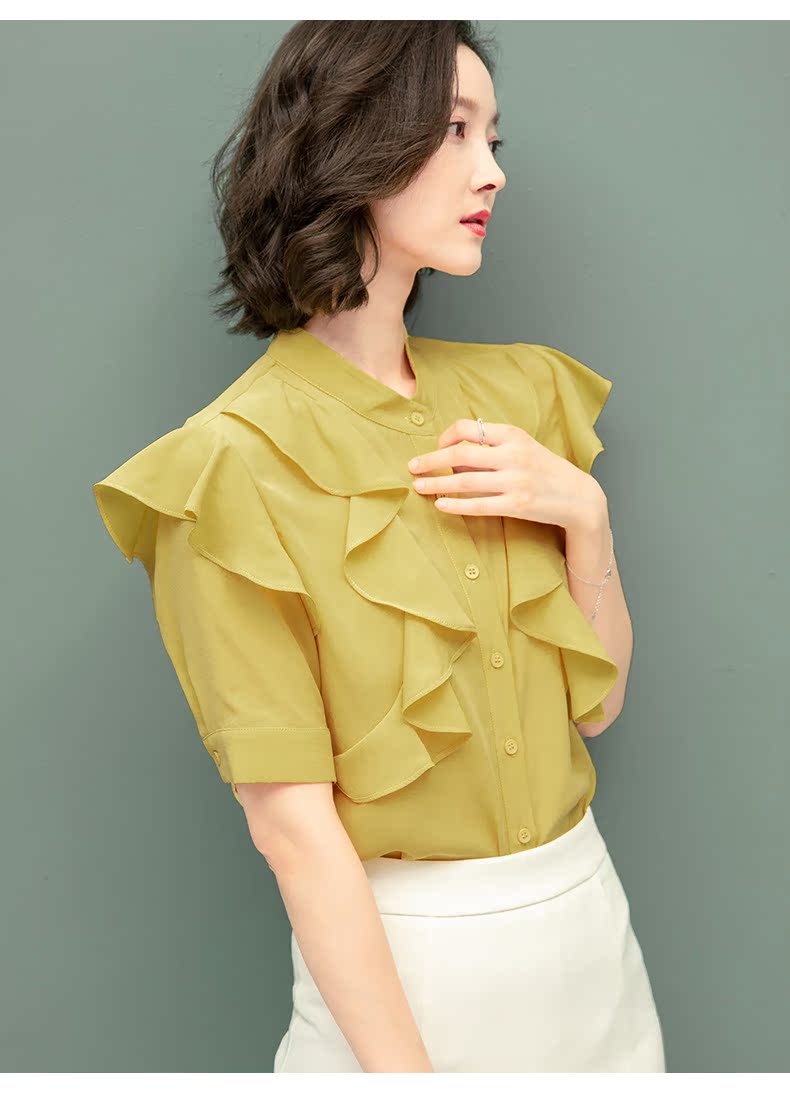 Fentz thời trang chic đứng cổ áo sơ mi voan xù nữ 2019 váy mùa hè mới cho nữ sơ mi ngắn tay ngọt ngào - Áo sơ mi áo sơ mi nữ kiểu