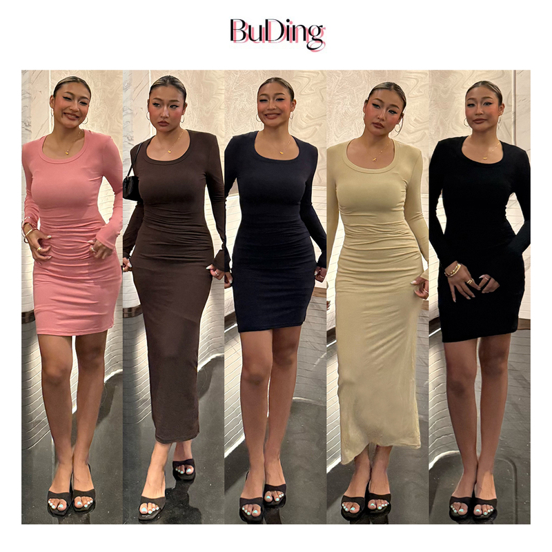 Buding European and American Style Square Neckline Knitted Long-Sleeved Hip-Hugging Dress Buding European and American Style Square Neckline Knitted Long-Sleeved Hip-Hugging Dress