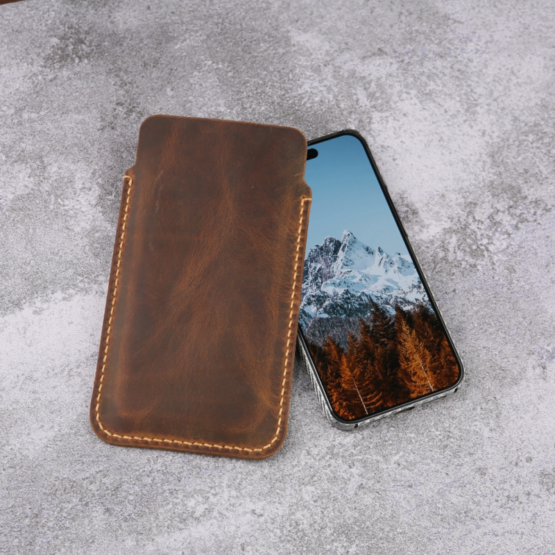 Hand-Sewn Suitable for Apple iPhone Retro Brown Crazy Horse Leather First-Layer Cowhide European and American Retro American Mobile Phone Case W12-Ip05S