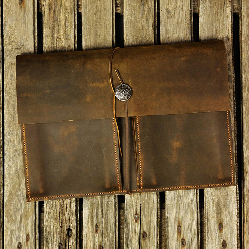 Suitable for Apple MacBook Computer Bag Retro European and American Brown Handmade Genuine Leather First Layer Cowhide Crazy Horse Leather Macx05Tp