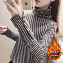 Turtleneck striped button-bottomed sweater 2020 autumn and winter Korean version plus velvet thickened sweater female pullover Western style inner match