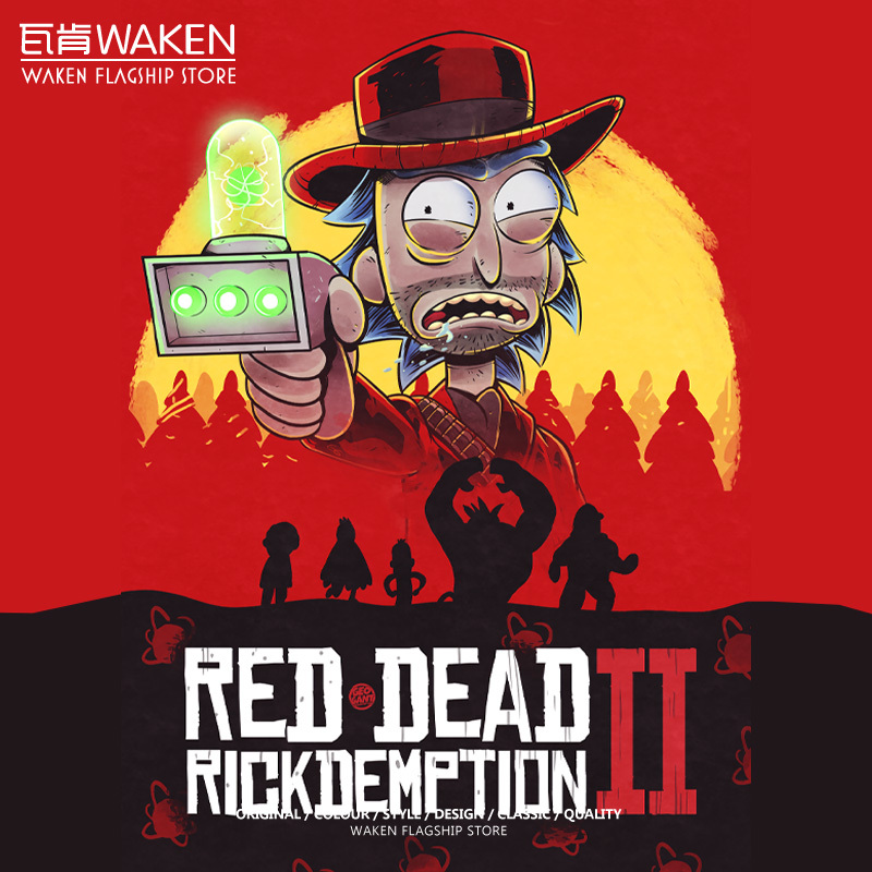 Red Dead Redemption 2 Rick and Morty Collaboration Pure Cotton Summer Short-Sleeve T-Shirt Men's Loose Retro Print Outfit