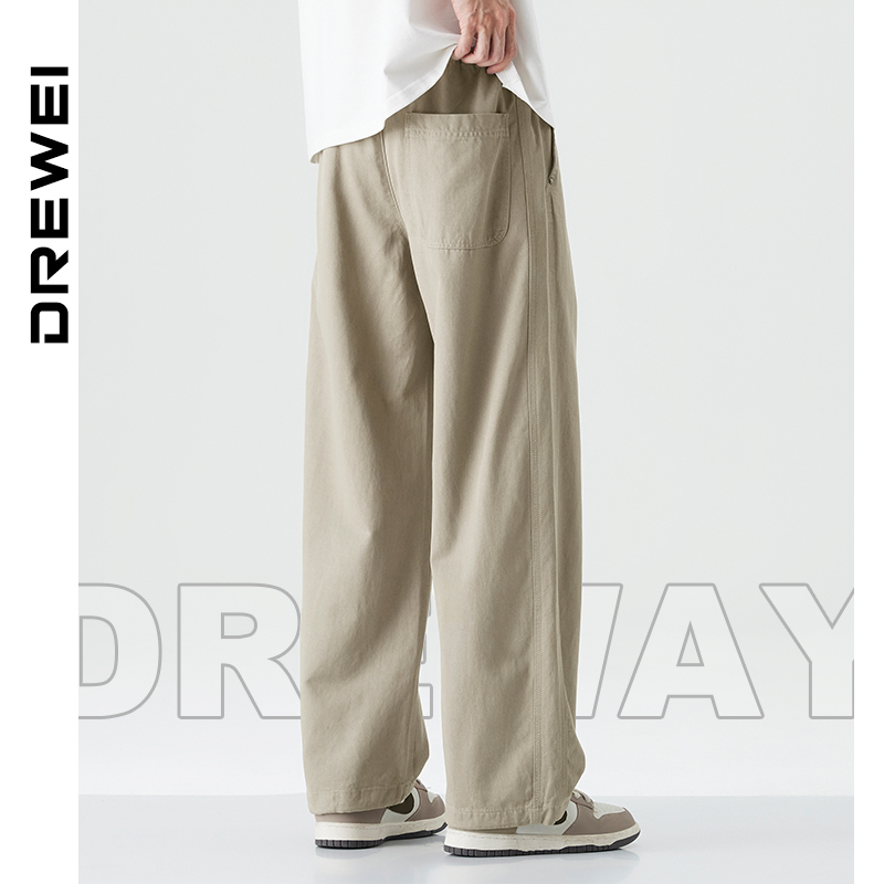 Dreway Spring and Summer Trendy Casual Pants for Men, Loose Straight-Leg Japanese Retro Khaki Cotton Pants