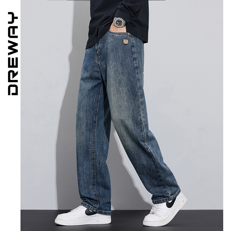 Dreway/Spring and Summer Loose Wide-Leg Washed Denim Jeans for Men, American High Street Straight-Leg Casual Pants