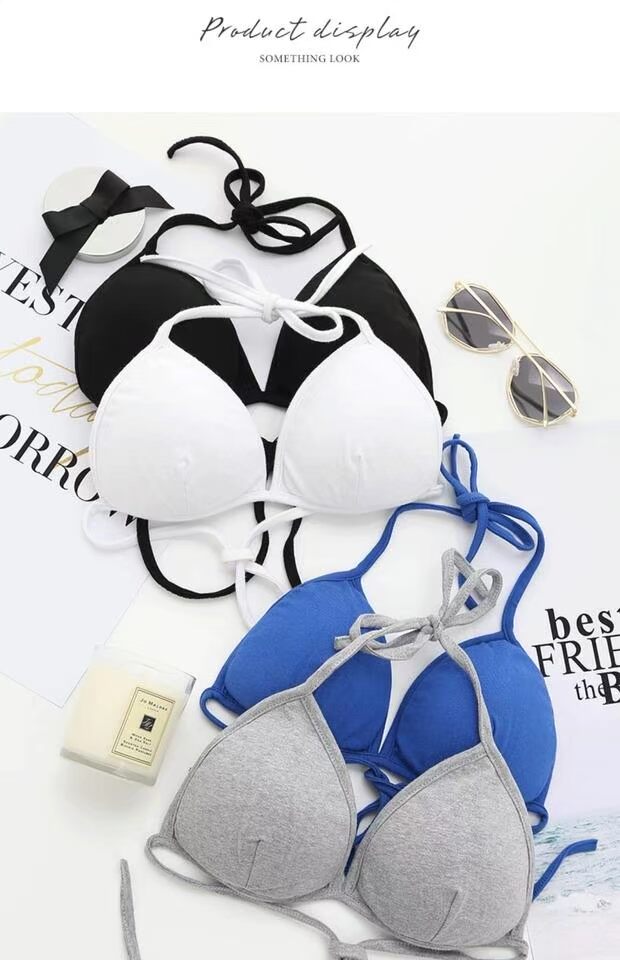 Beach bikini tam giác cup bra girl ren đồ lót cotton mỏng tập hợp màu rắn không vòng thép full cup quần lót du lịch